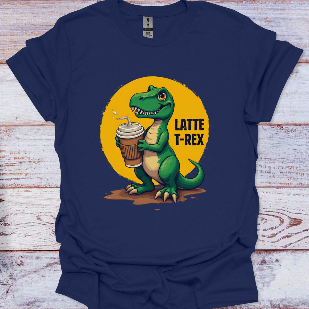Navy blue t-shirt with a cartoon dinosaur holding a coffee cup on a wooden surface
