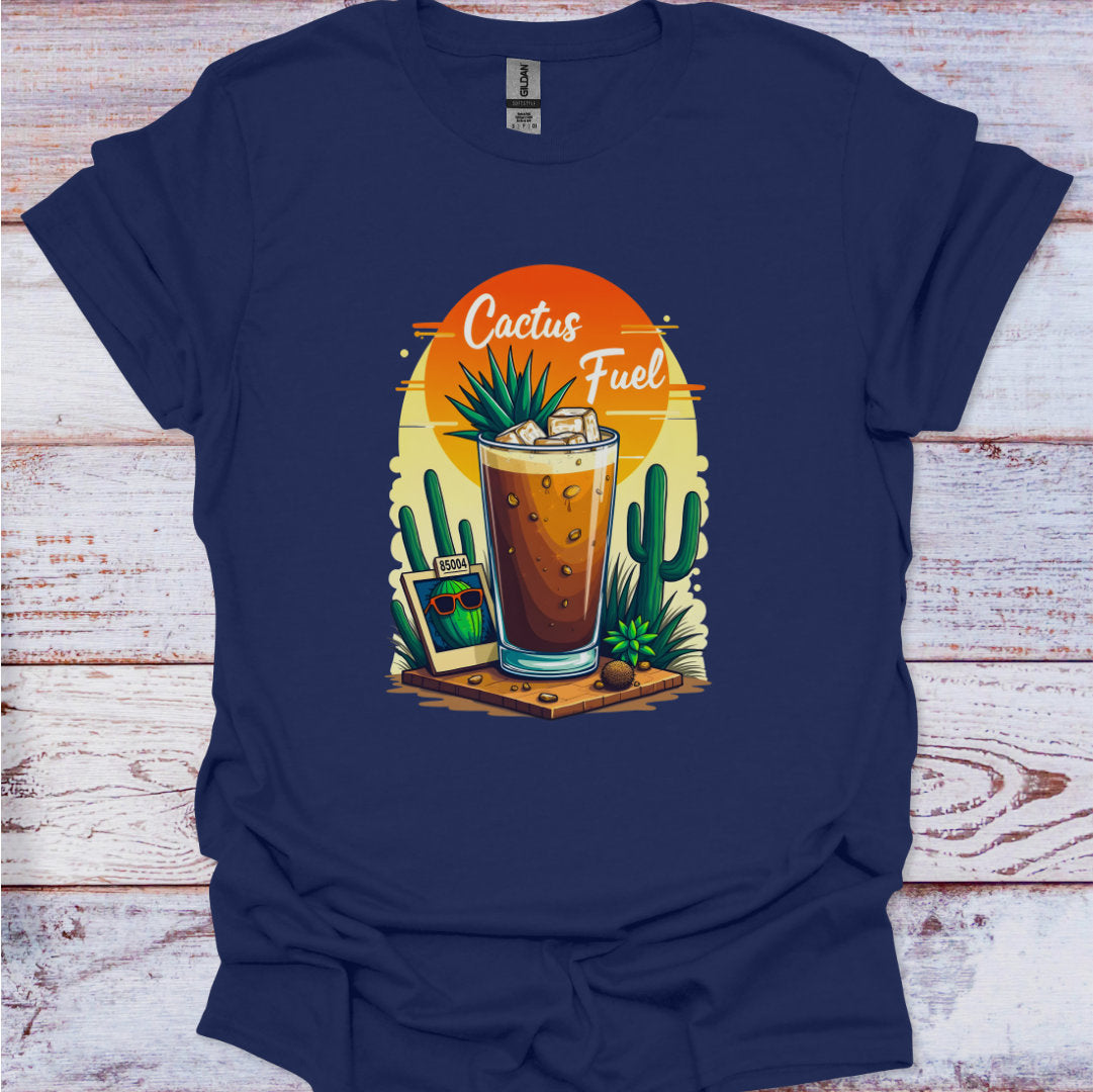 Navy blue t-shirt with a graphic of a glass of iced coffee and cacti on a wooden surface