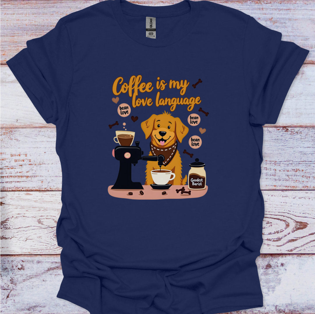 Navy blue t-shirt with a dog and coffee-themed graphic on a wooden surface