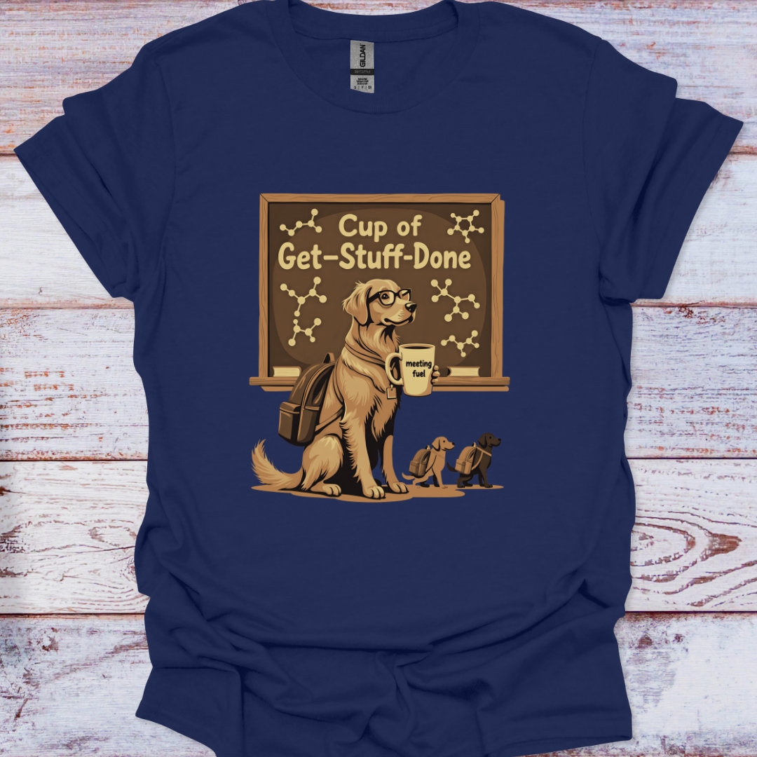 Navy blue t-shirt with a graphic of a dog holding a mug labeled 'Cup of Get-Stuff-Done' on a wooden surface.
