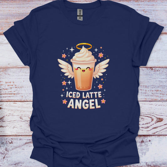 Navy blue t-shirt with 'Iced Latte Angel' design on a wooden surface