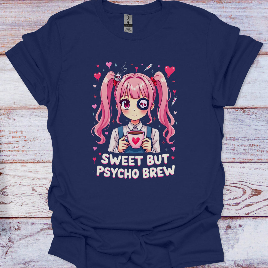 Navy blue t-shirt with an anime character holding a cup and text 'Sweet But Psycho Brew' on a wooden surface.