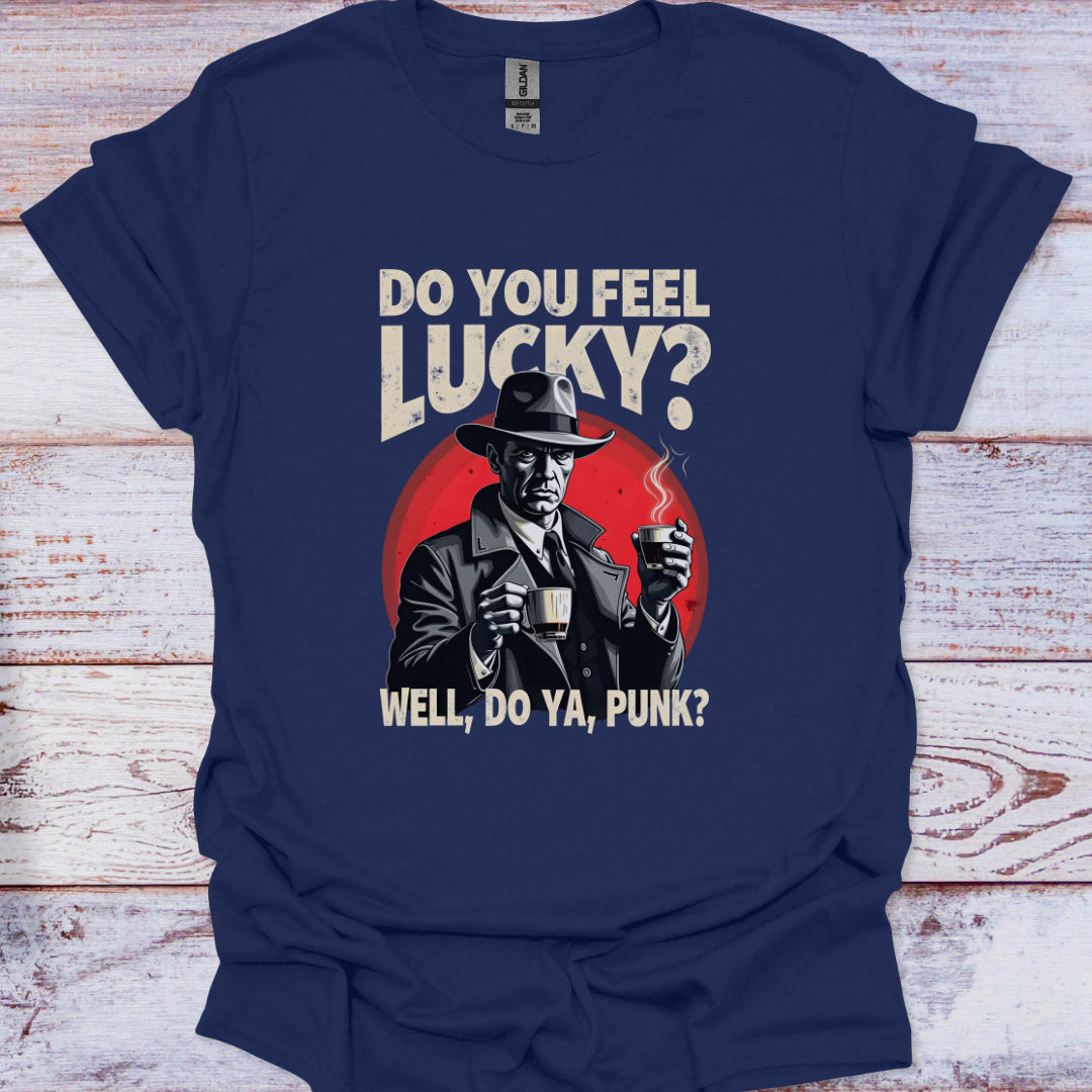 Navy blue t-shirt with graphic design and text on a wooden surface
