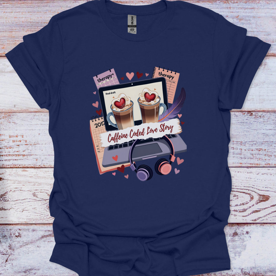 Navy blue t-shirt with a graphic design of coffee cups, headphones, and text on a wooden surface.
