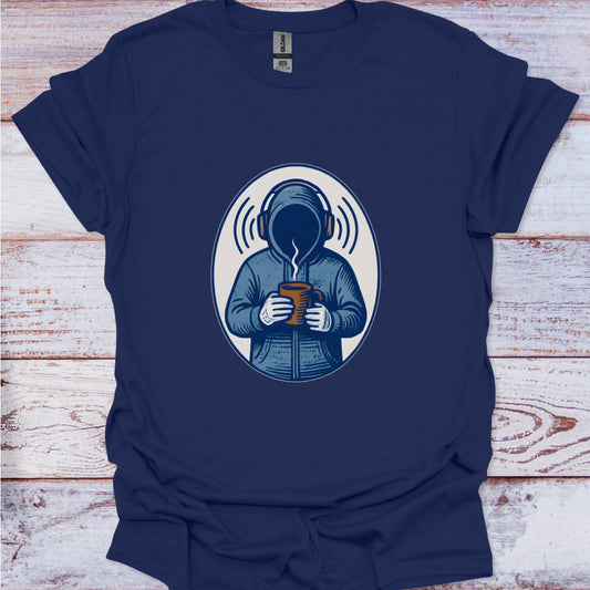 Navy blue t-shirt with a graphic of a person in a coat holding a cup on a wooden surface