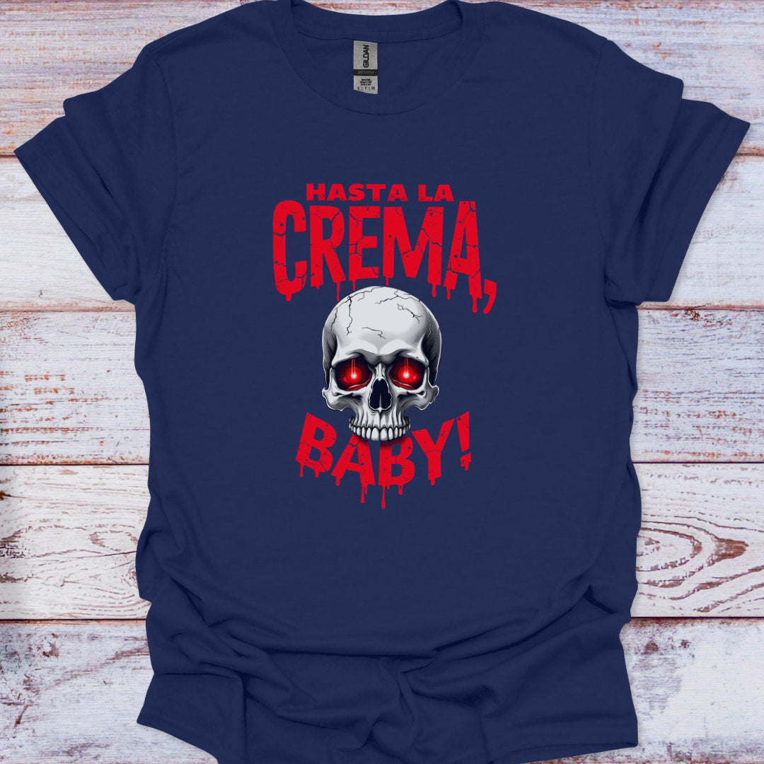 Navy blue t-shirt with a skull graphic and red text on a wooden surface