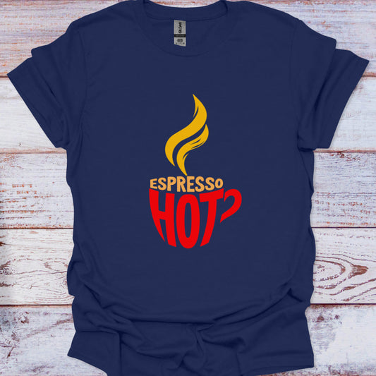 Navy blue t-shirt with 'Espresso Hot' design on a wooden surface