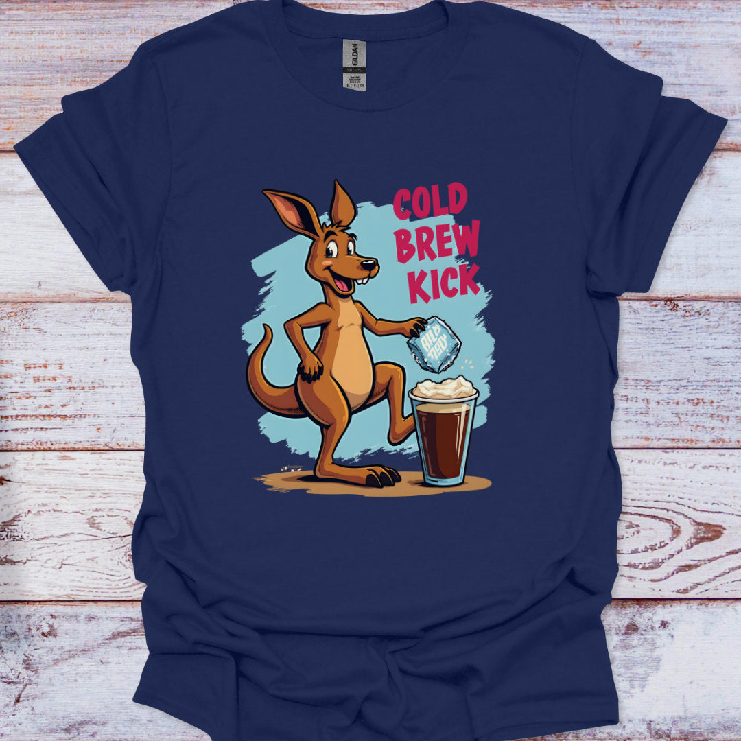 Navy blue t-shirt with a kangaroo graphic and 'Cold Brew Kick' text on a wooden surface