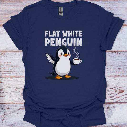 Navy blue t-shirt with a penguin holding a coffee cup and 'Flat White Penguin' text on a wooden surface.
