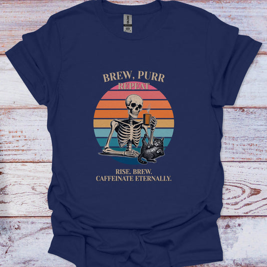 Navy blue t-shirt with a skeleton and cat design on a wooden surface