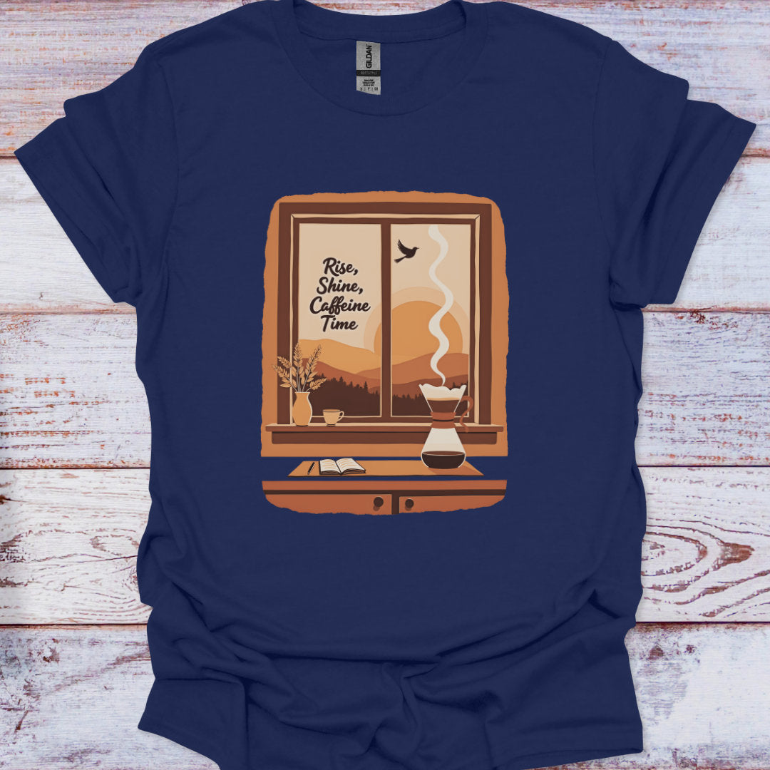 Navy blue t-shirt with a graphic design of a coffee maker, window, and text on a wooden surface.