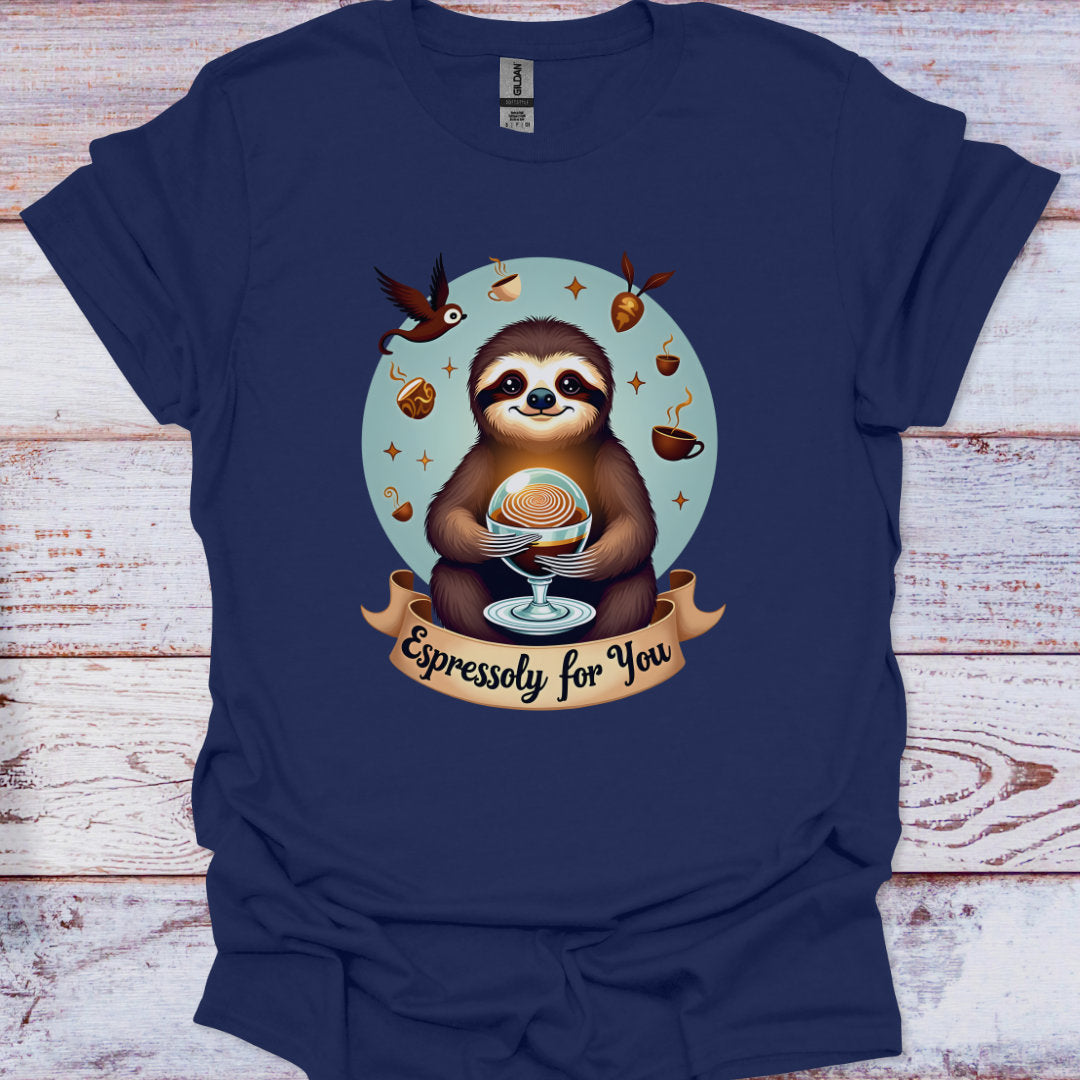 Navy blue t-shirt with a sloth holding a coffee cup graphic on a wooden surface