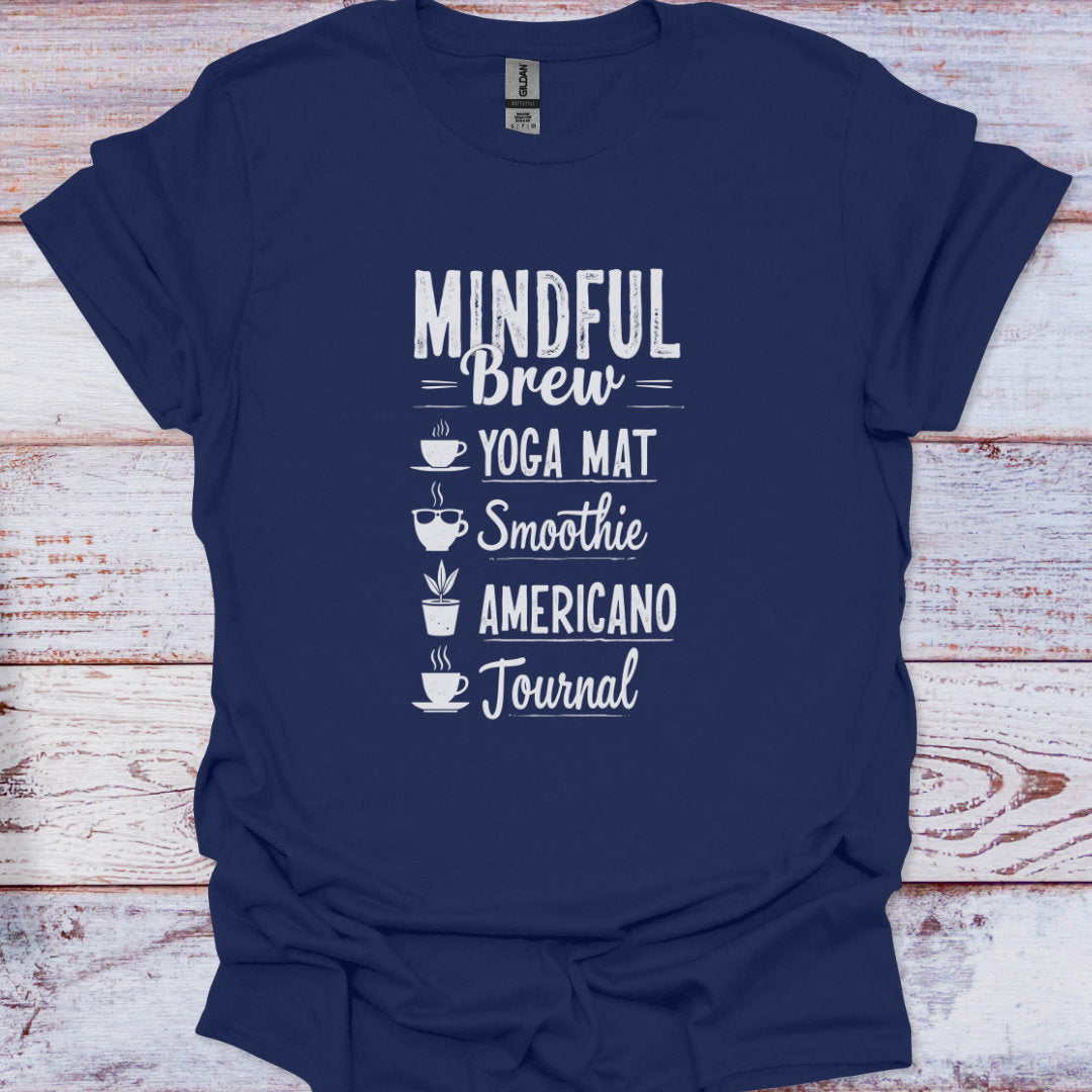 Navy blue t-shirt with white text on a wooden surface