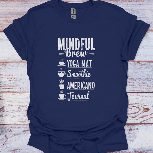 Navy blue t-shirt with white text on a wooden surface