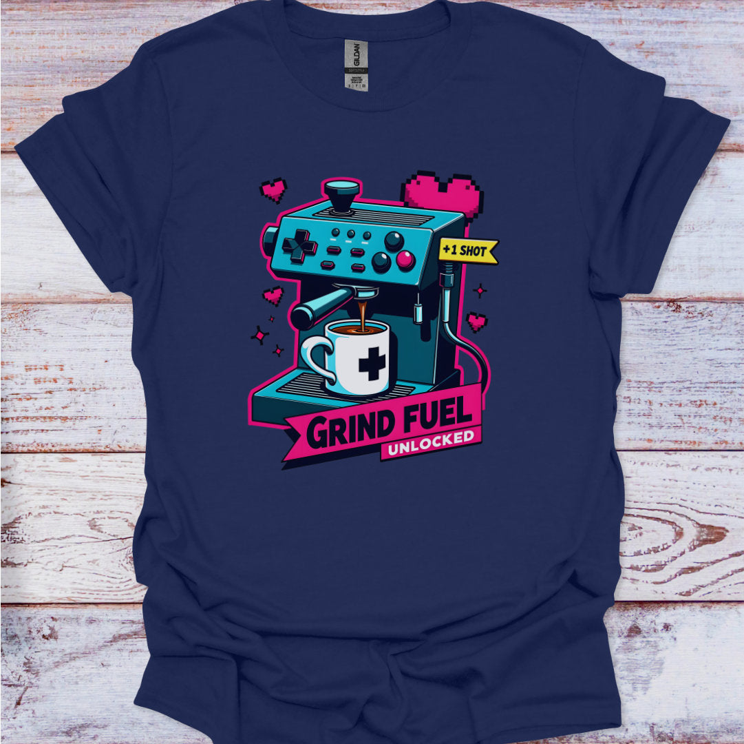 Navy blue t-shirt with a coffee-themed graphic design on a wooden surface