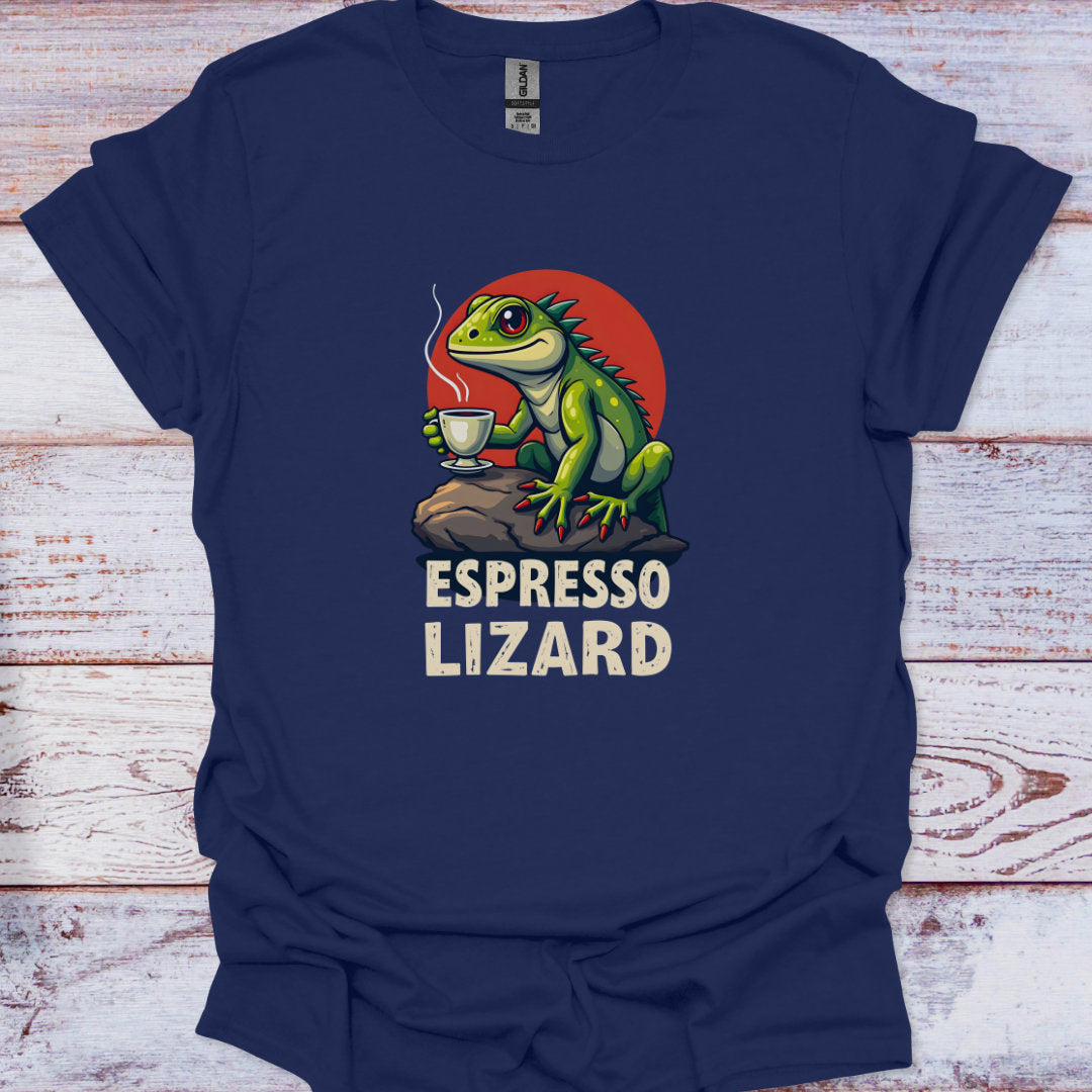 Navy blue t-shirt with 'Espresso Lizard' graphic on a wooden surface