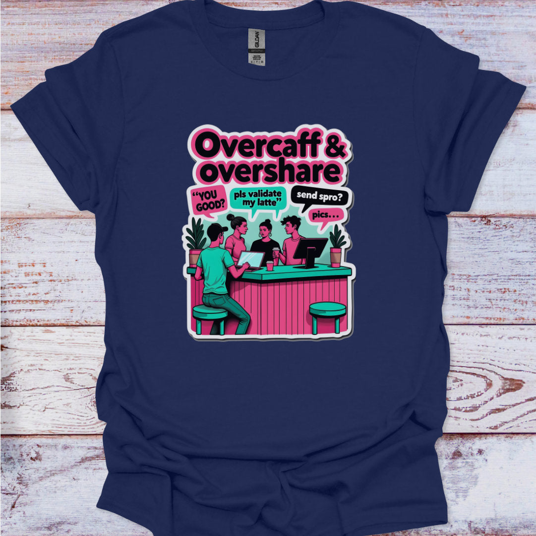 Navy blue t-shirt with a graphic design on a wooden surface
