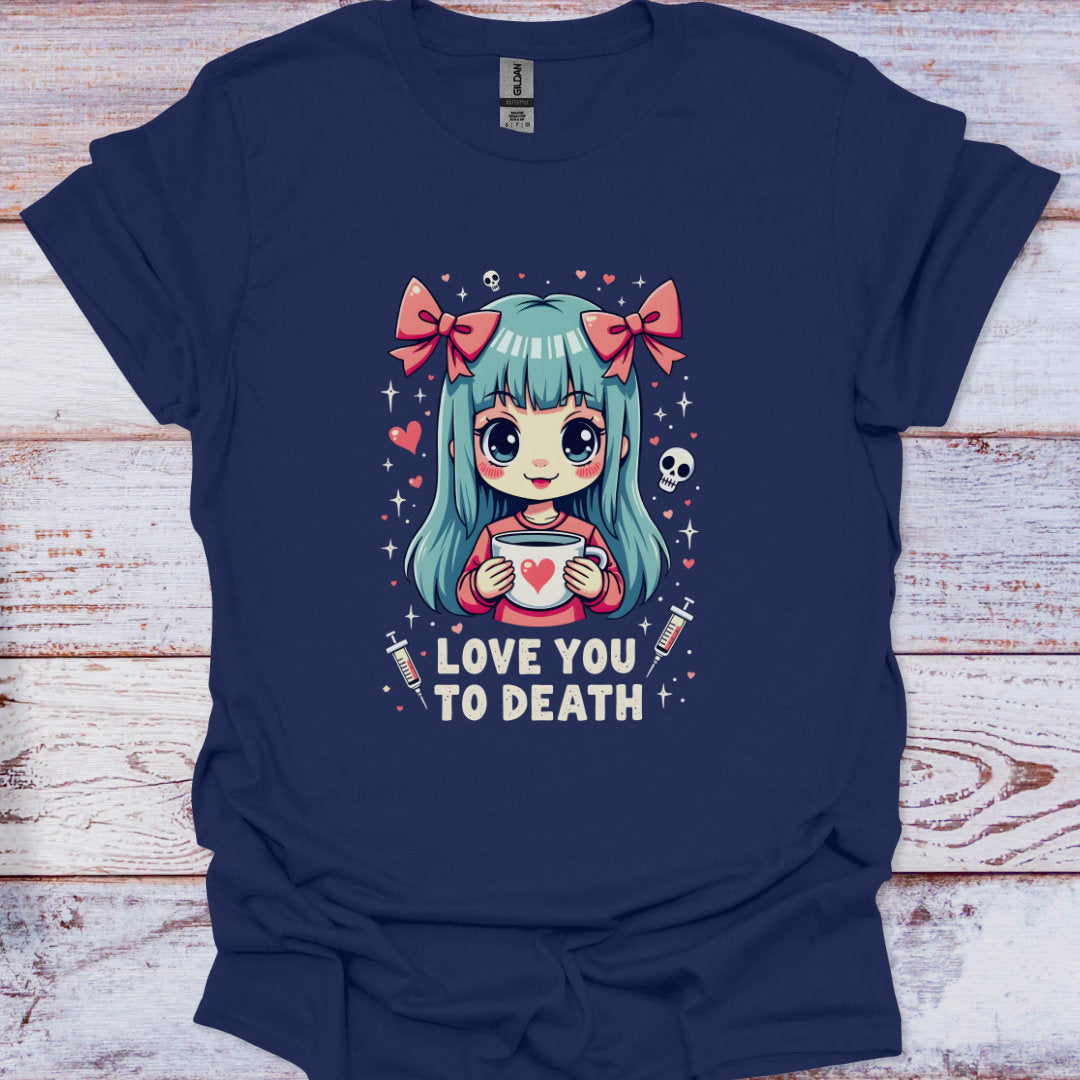 Navy blue t-shirt with a graphic of a character holding a cup and text 'Love You to Death' on a wooden surface.