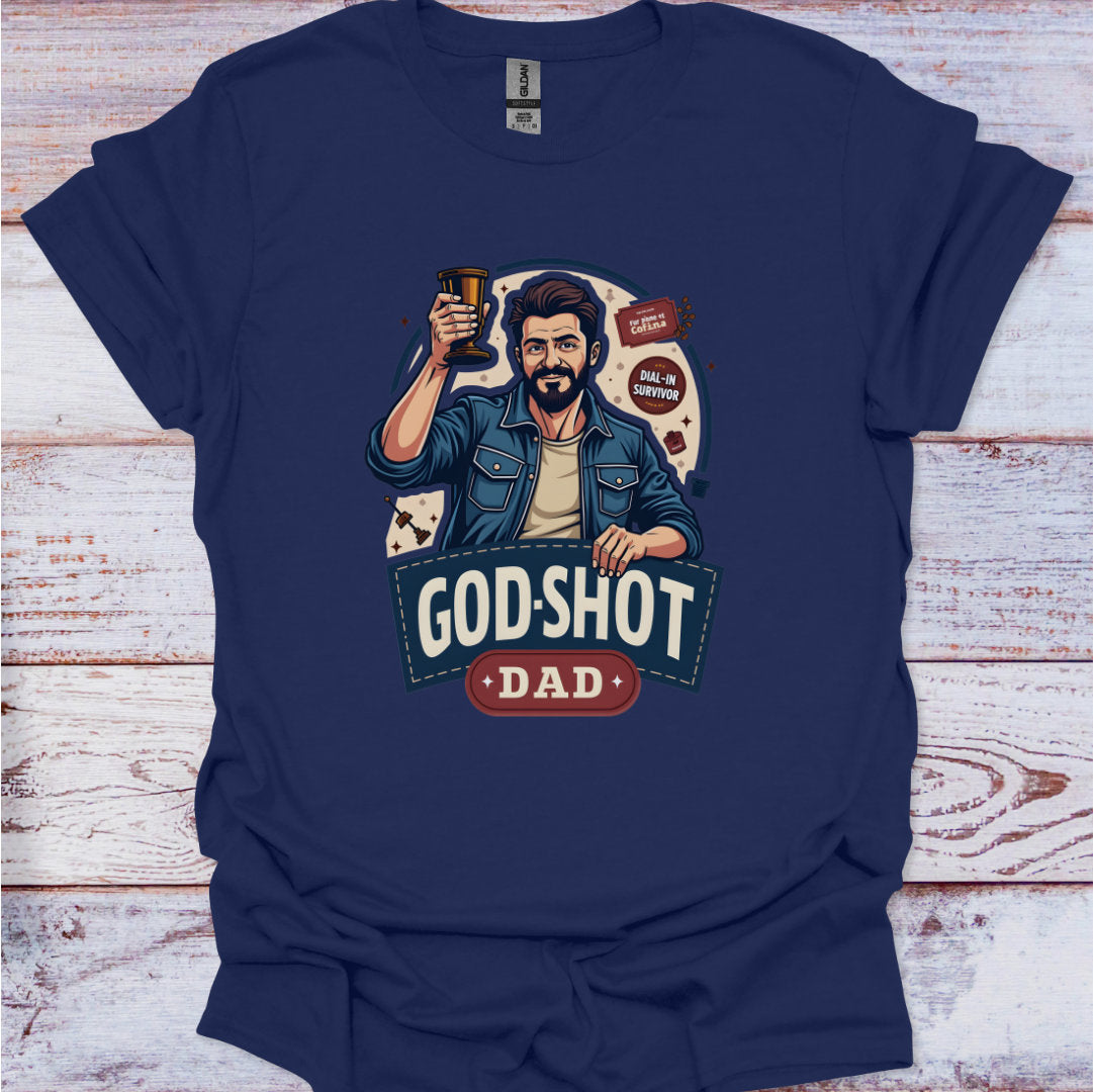Navy blue t-shirt with a graphic of a man holding a beer and text 'GOD-SHOT DAD' on a wooden surface.