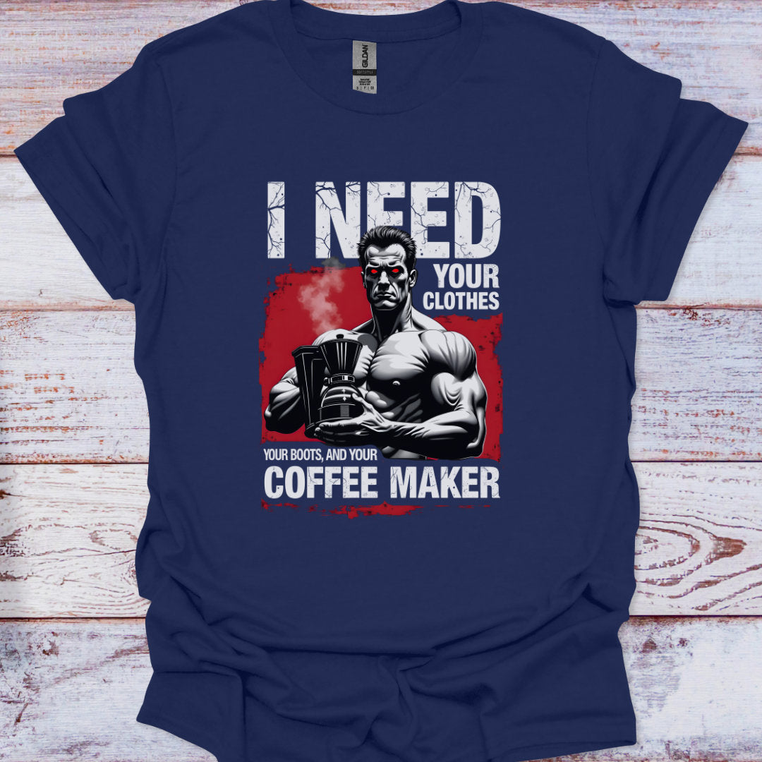 Navy blue t-shirt with graphic design and text on a wooden surface
