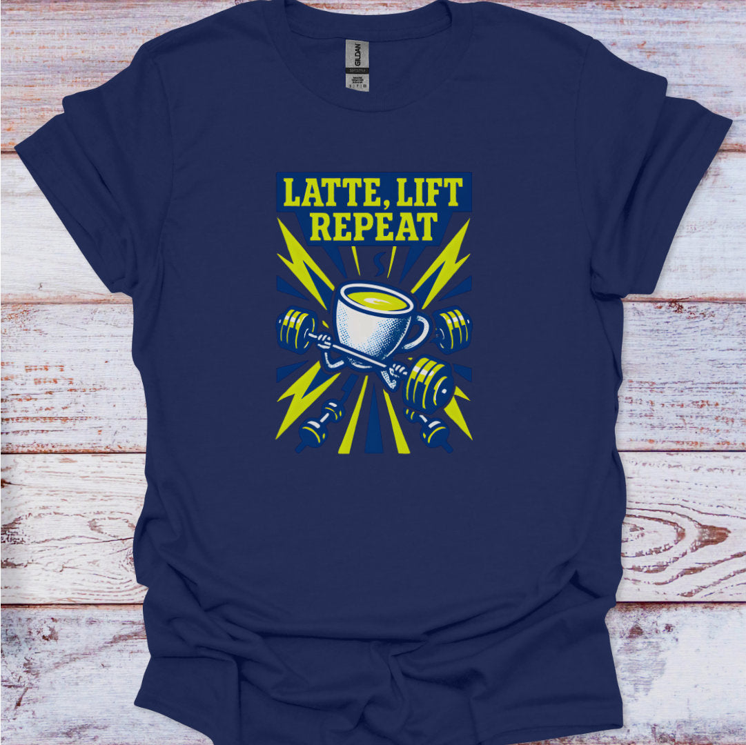 Navy blue t-shirt with 'Latte, Lift Repeat' graphic design on a wooden surface