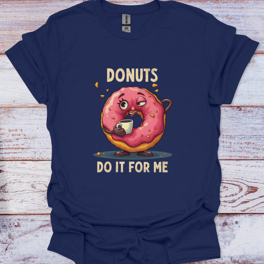 Navy blue t-shirt with a cartoon donut holding a coffee cup and text 'DONUTS DO IT FOR ME' on a wooden surface.