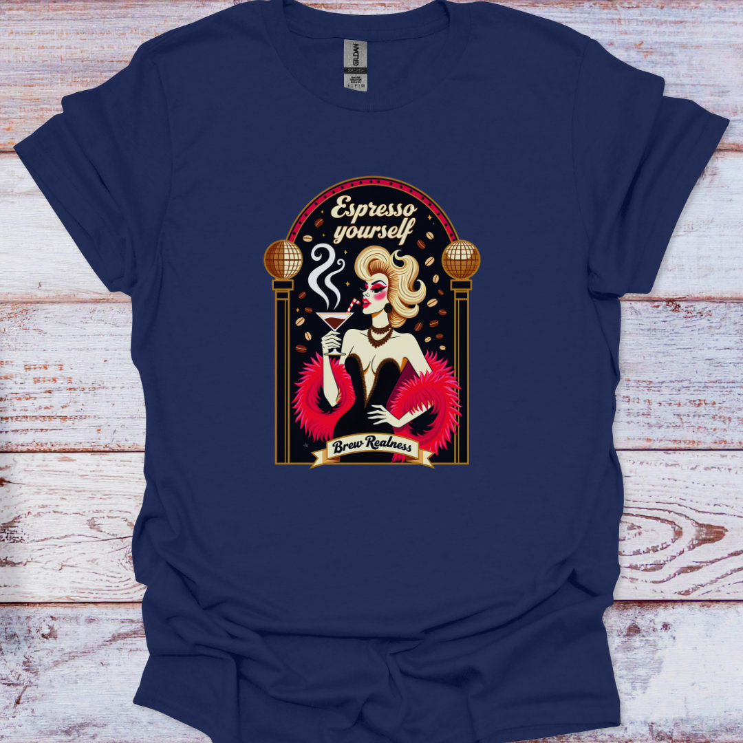 Navy blue t-shirt with a graphic design of a woman holding a coffee cup on a wooden surface.