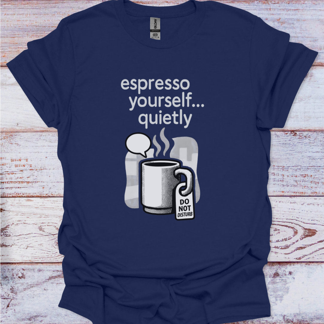 Navy blue t-shirt with a coffee-themed graphic and text on a wooden surface