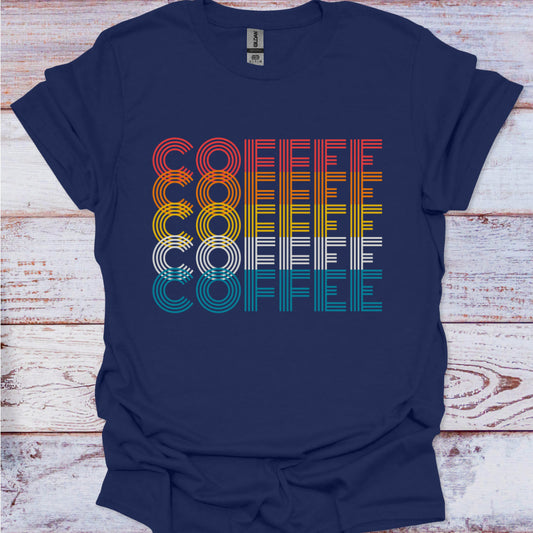 Navy blue t-shirt with colorful 'COFFEE' graphic on a wooden surface