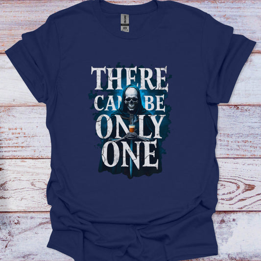 Navy blue t-shirt with a skull graphic and text on a wooden surface