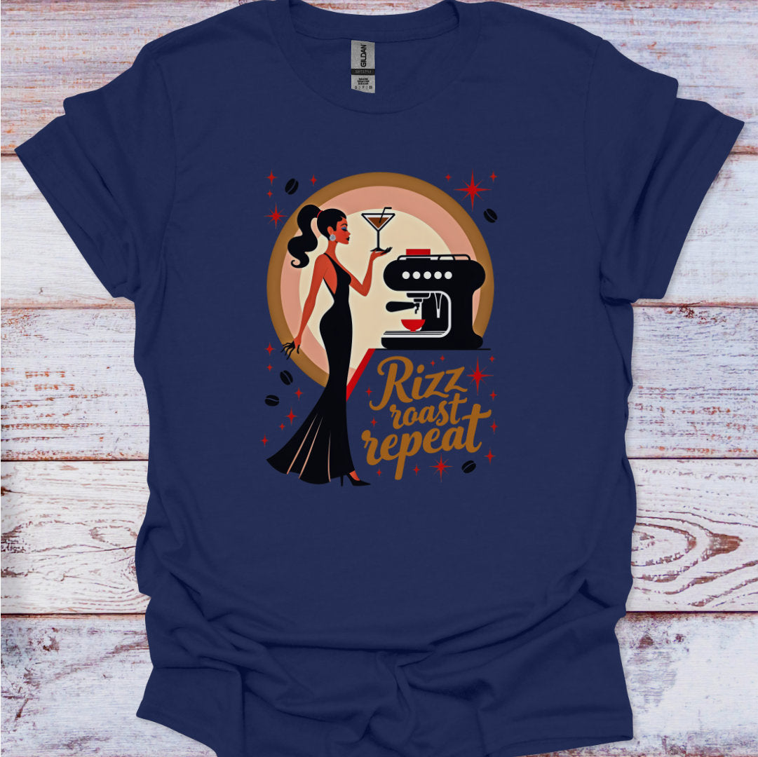 Navy blue t-shirt with a graphic design of a woman, coffee machine, and text on a wooden surface.