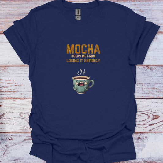 Navy Blue shirt featuring a humorous design of a coffee mug having a mental breakdown, perfect for mocha lovers.