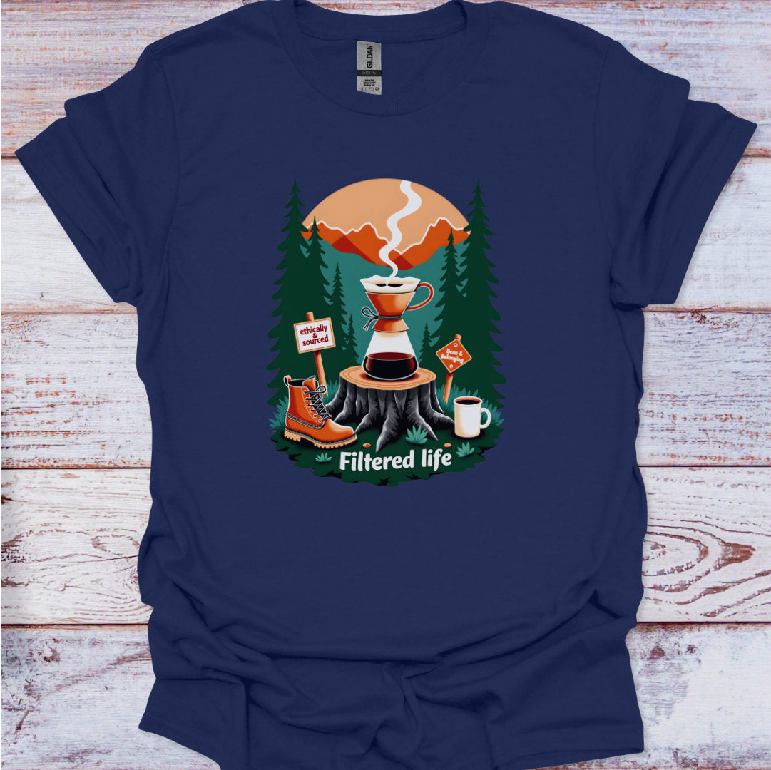 Navy blue t-shirt with a coffee-themed graphic on a wooden surface