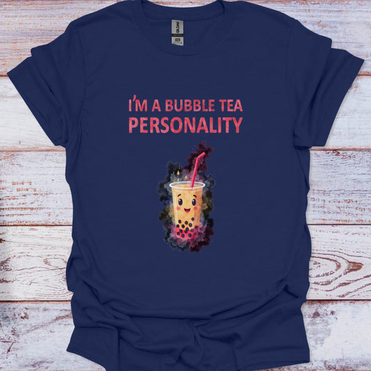 Navy blue t-shirt with bubble tea graphic and text on a wooden surface