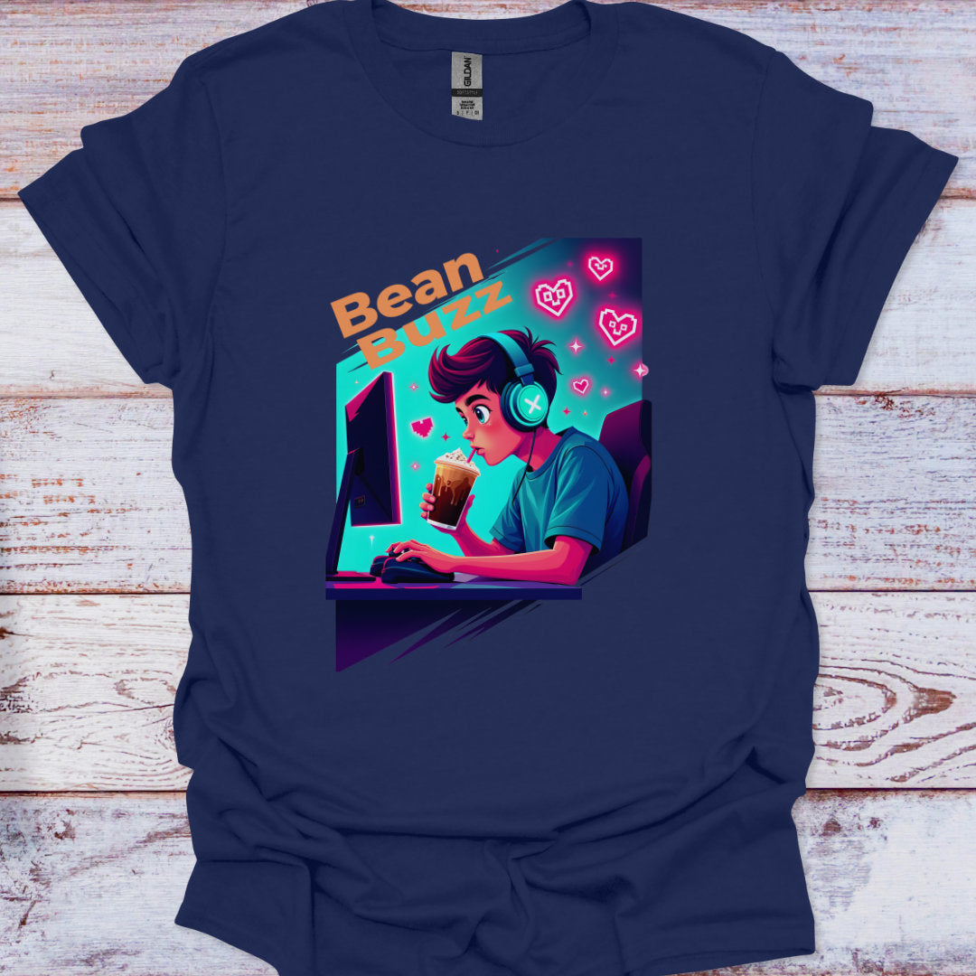 Navy blue t-shirt with a graphic design of a person using a computer and 'Bean Buzz' text on a wooden surface.