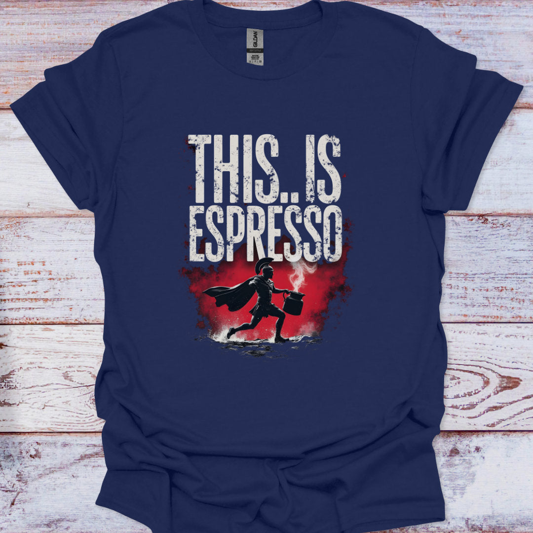Navy blue t-shirt with 'THIS.. IS ESPRESSO' text and superhero graphic on a wooden surface