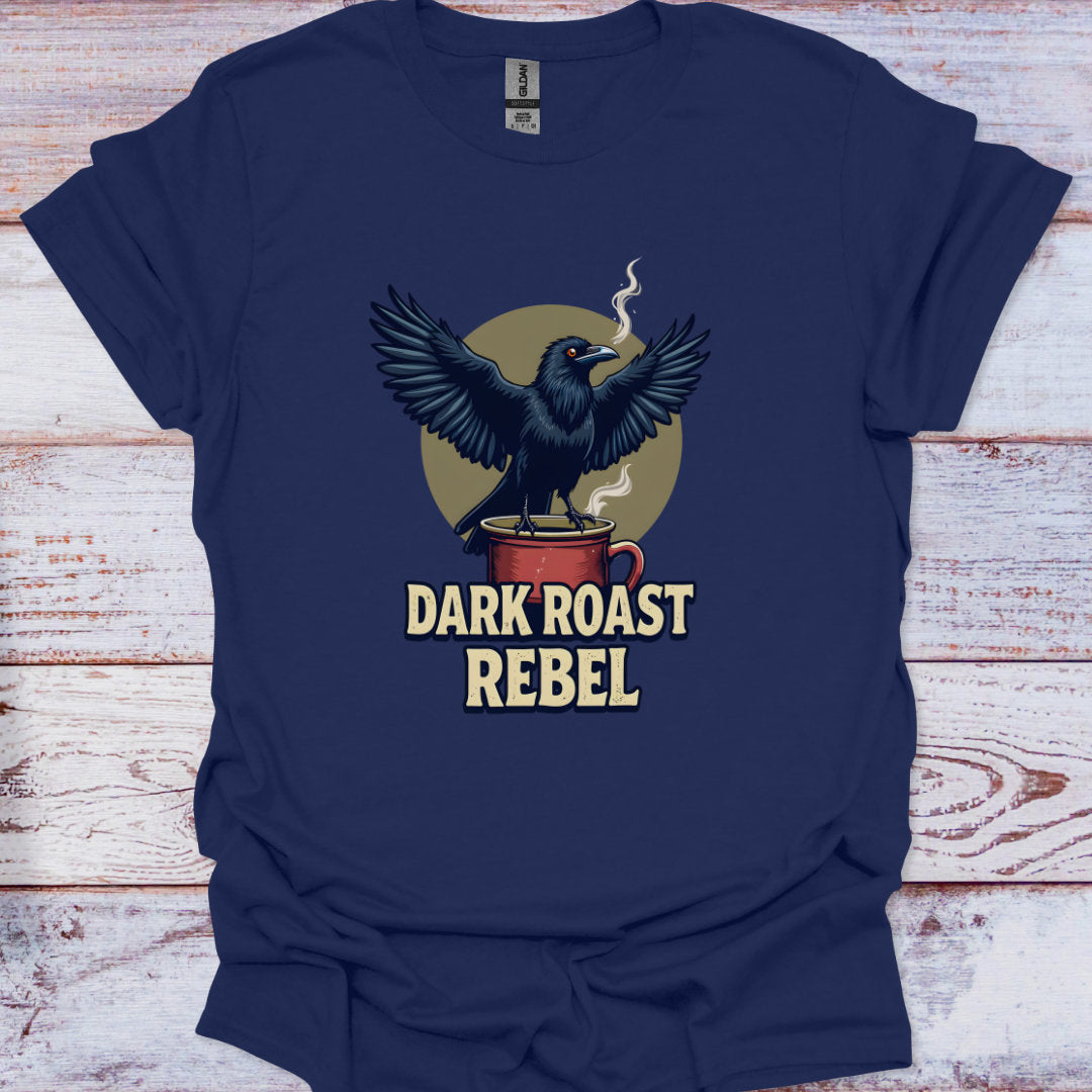 Navy blue t-shirt with a crow on a coffee cup graphic and 'Dark Roast Rebel' text on a wooden surface.