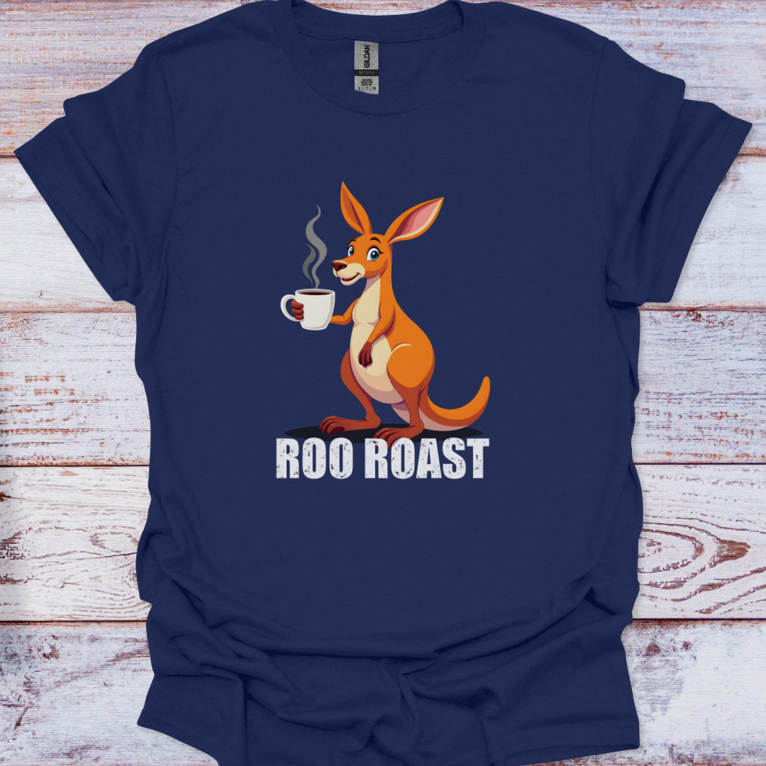 Navy blue t-shirt with a kangaroo holding a coffee cup and 'Roo Roast' text on a wooden surface