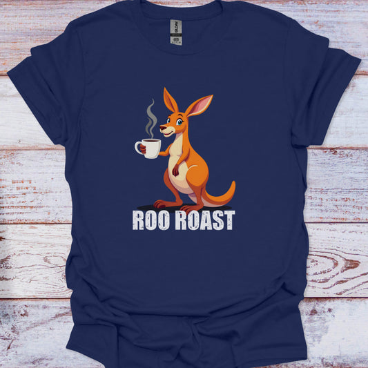 Navy blue t-shirt with a kangaroo holding a coffee cup and 'Roo Roast' text on a wooden surface