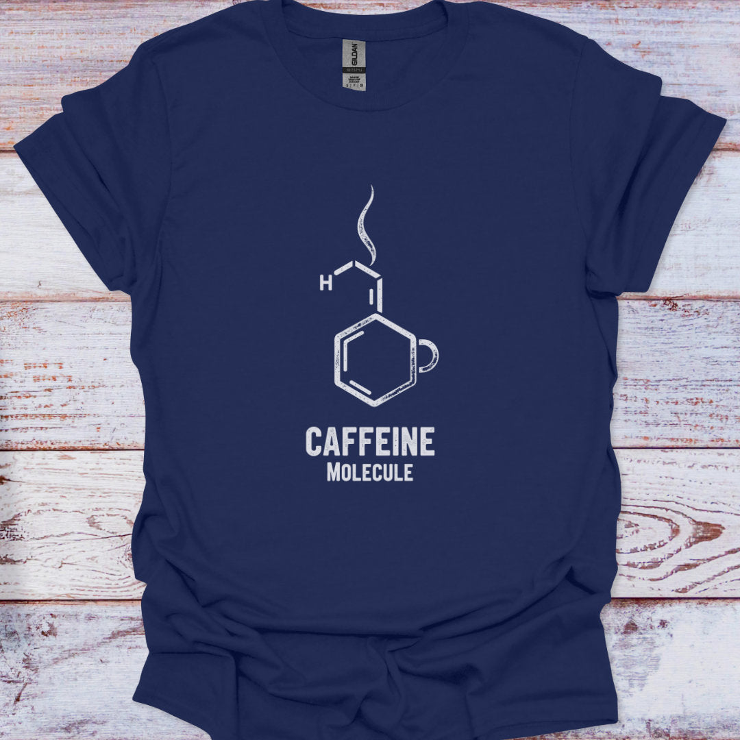Navy blue t-shirt with white caffeine molecule design on a wooden surface