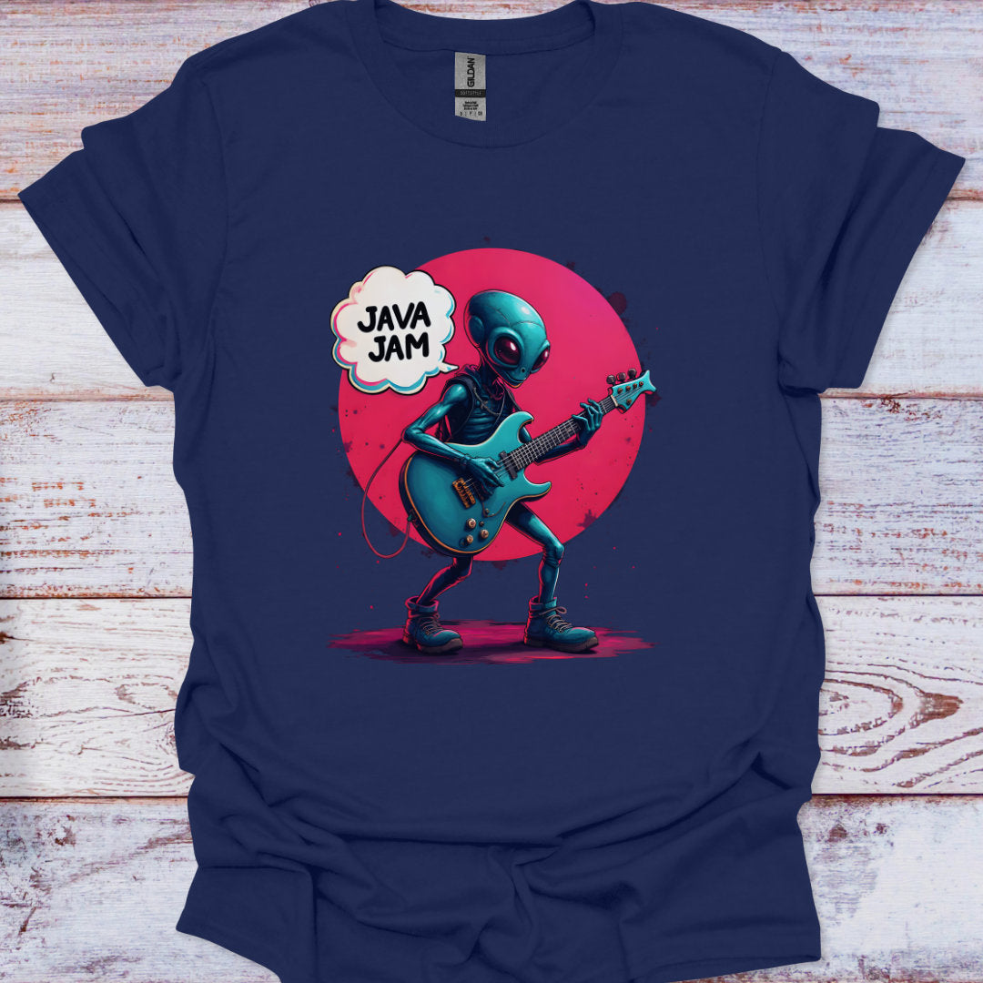 Navy blue t-shirt with an alien playing guitar and 'Java Jam' text on a wooden surface