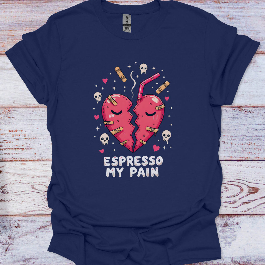Navy blue t-shirt with a graphic of two hearts and the text 'Espresso My Pain' on a wooden surface.
