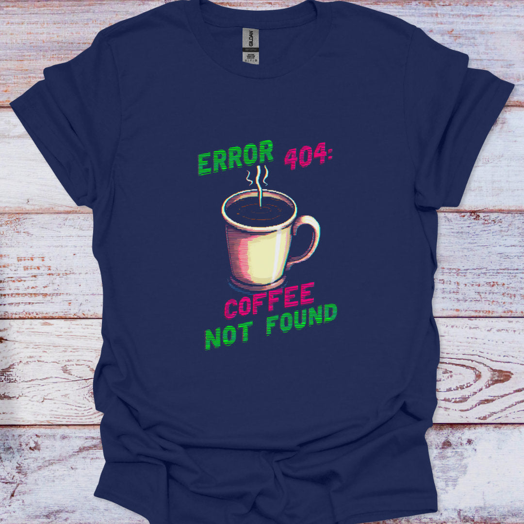 Navy blue t-shirt with a coffee cup graphic and text on a wooden surface