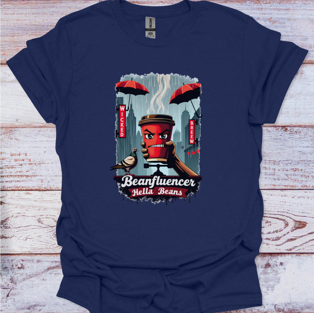 Navy blue t-shirt with a graphic design of a coffee cup and text on a wooden surface