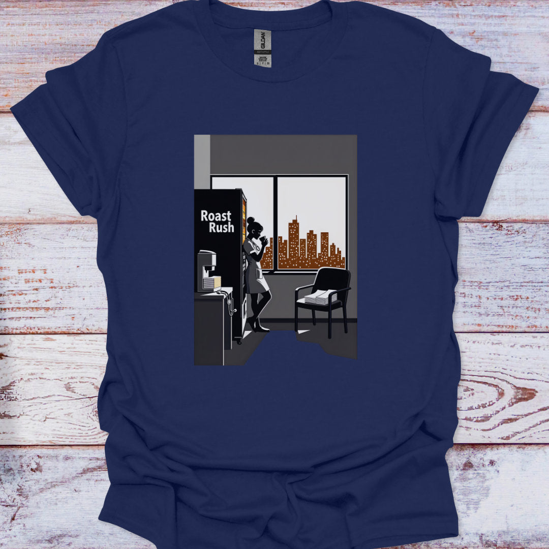 Navy blue t-shirt with a graphic design on a wooden surface