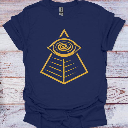 Navy blue t-shirt with a yellow pyramid and eye design on a wooden surface
