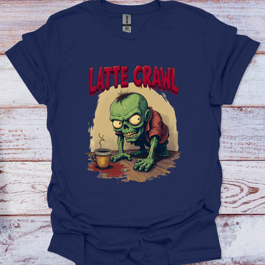 Navy blue t-shirt with a green zombie graphic and 'Latte Crawl' text on a wooden surface.