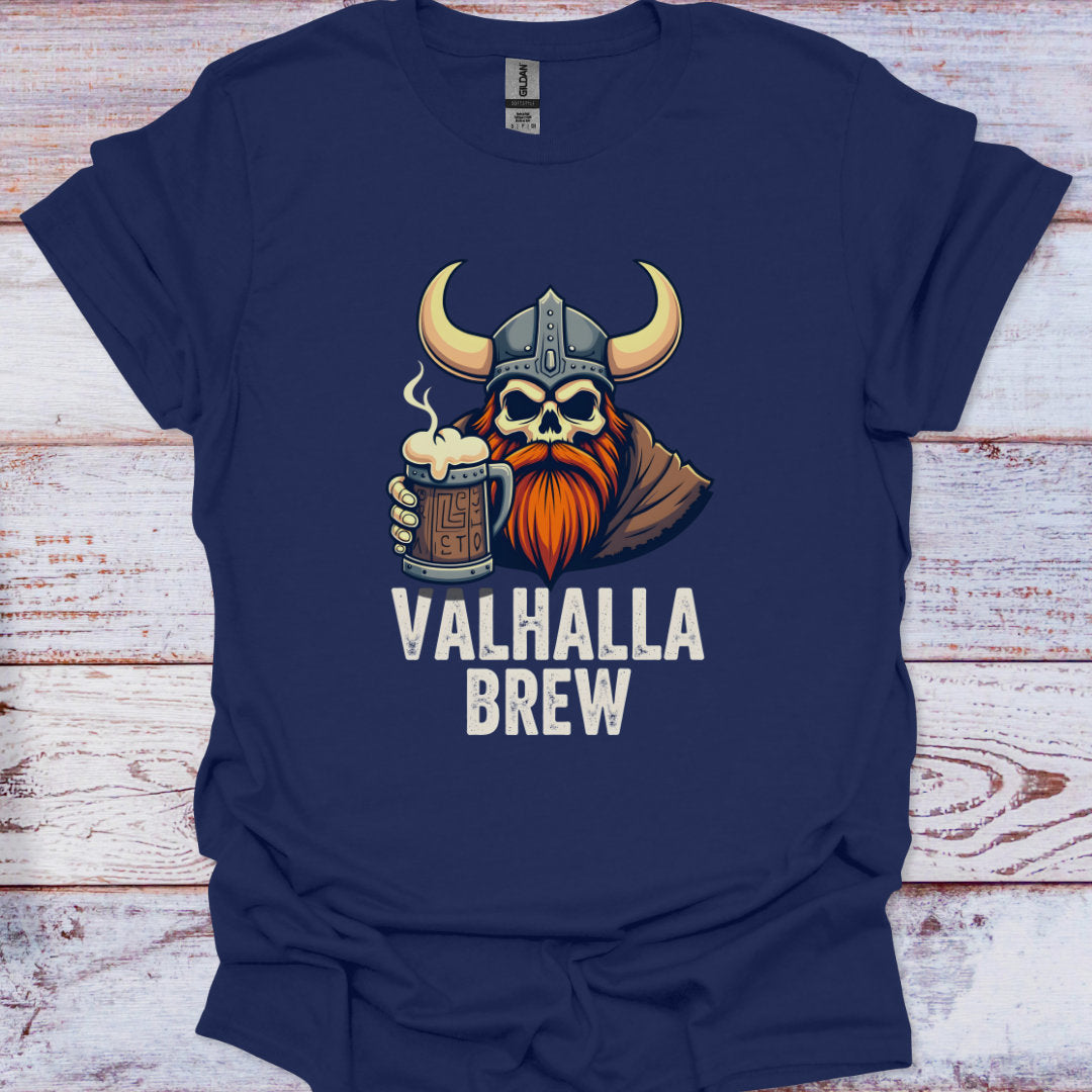 Navy blue t-shirt with a Viking design holding a mug of beer and 'Valhalla Brew' text on a wooden surface.