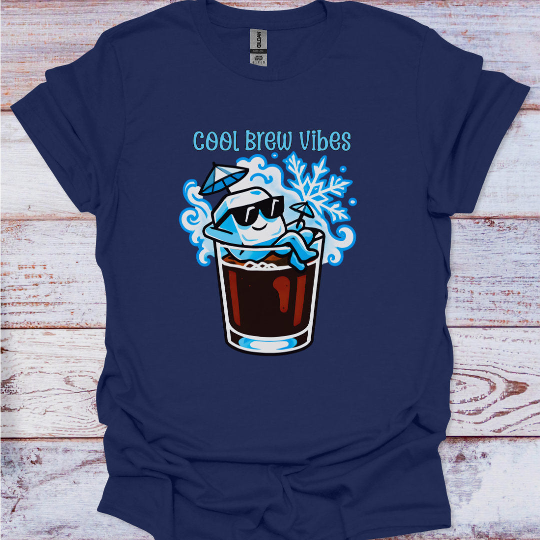Navy blue t-shirt with 'Cool Brew Vibes' graphic on a wooden surface