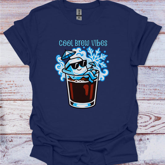 Navy blue t-shirt with 'Cool Brew Vibes' graphic on a wooden surface